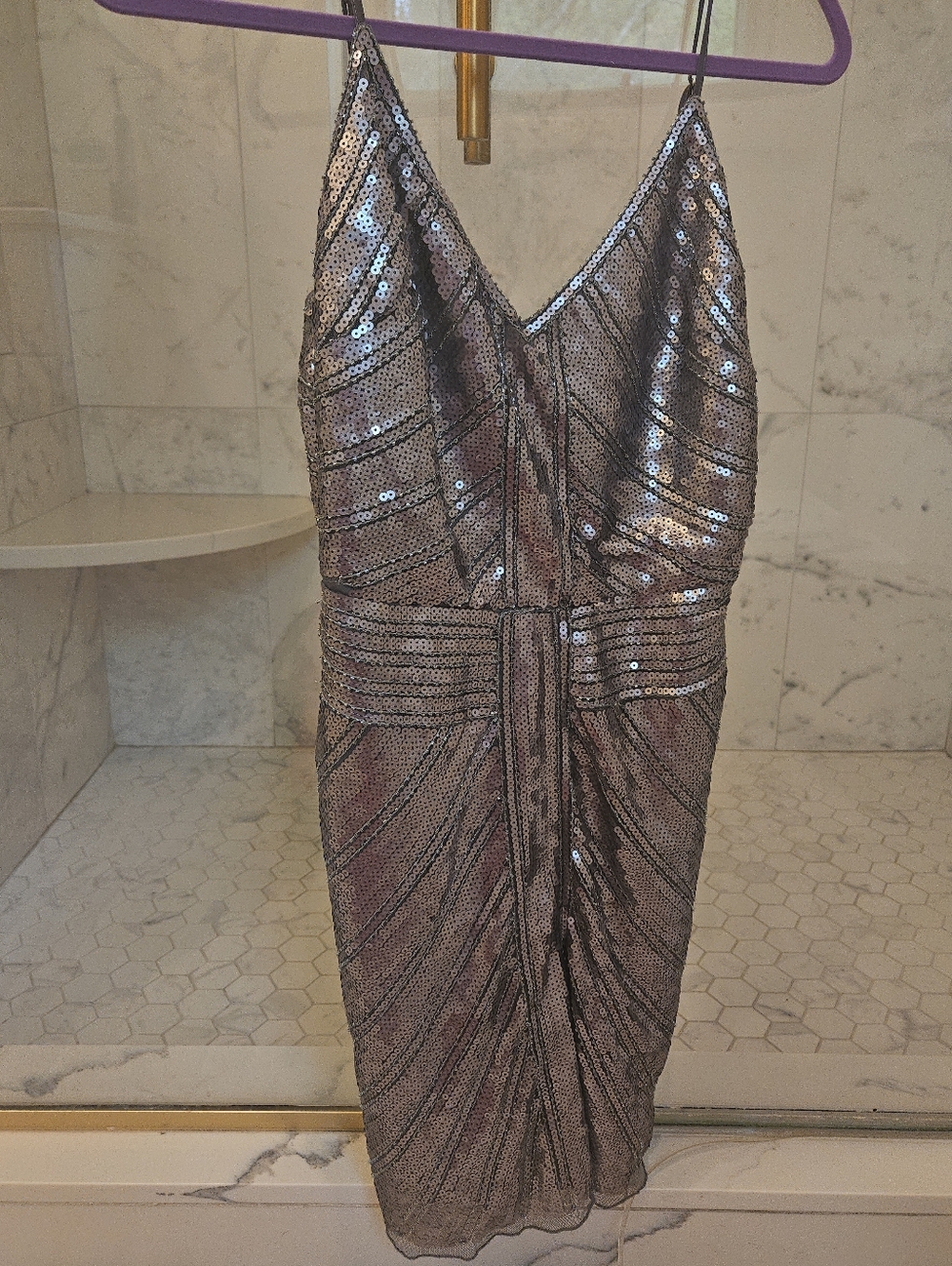 Sequin V-Neck Metallic Cocktail Dress - Silver